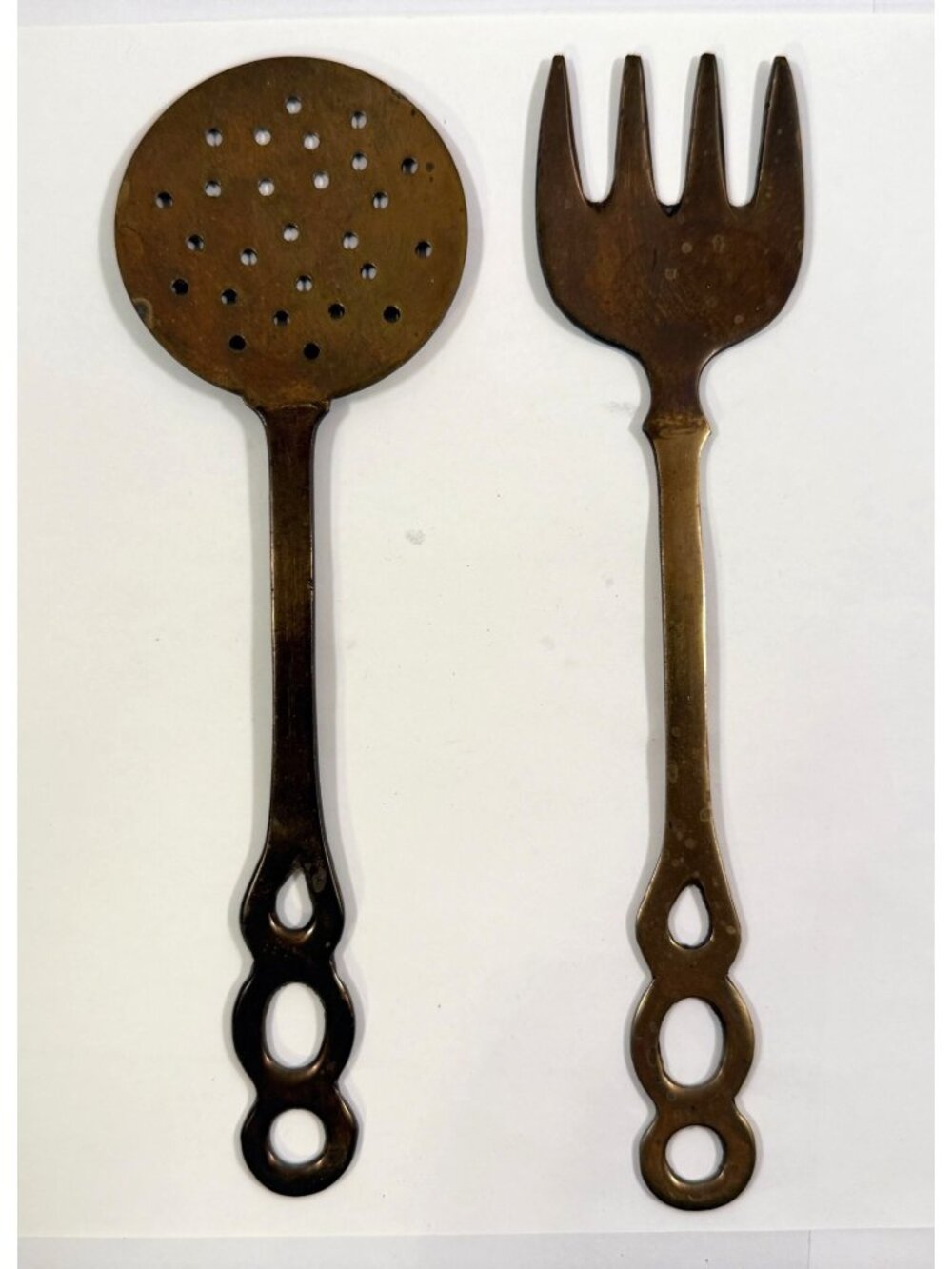 Vintage Brass Food Utensil Large Fork Spoon Skimmer Kitchen Decor 2 Pc Set